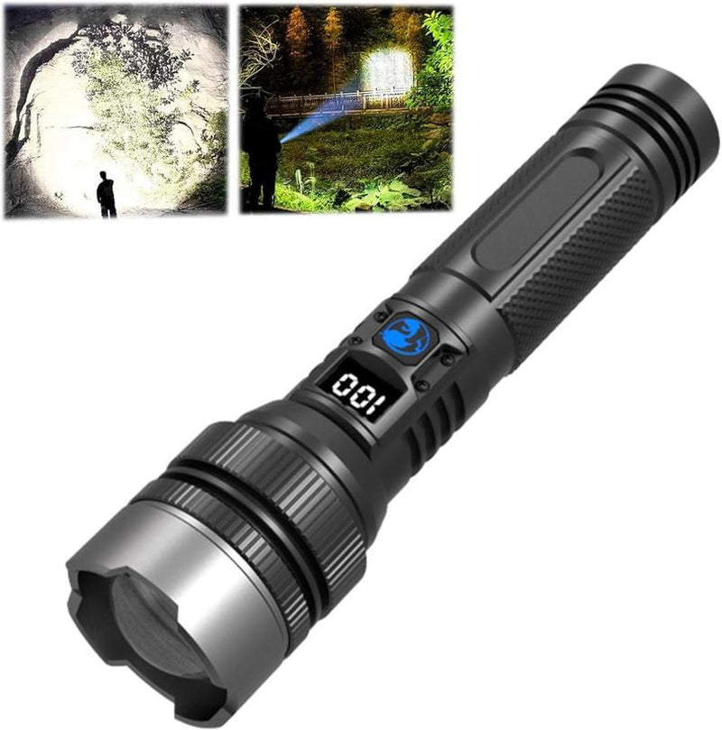 2-In-1 Strong Flashlight (Power Bank),Digital Display of Power, Rechargeable,Zoomable, , X4Waterproof, Adjustable Brightness Flash Light for Outdoor, Emergency, Camping Accessories,Black