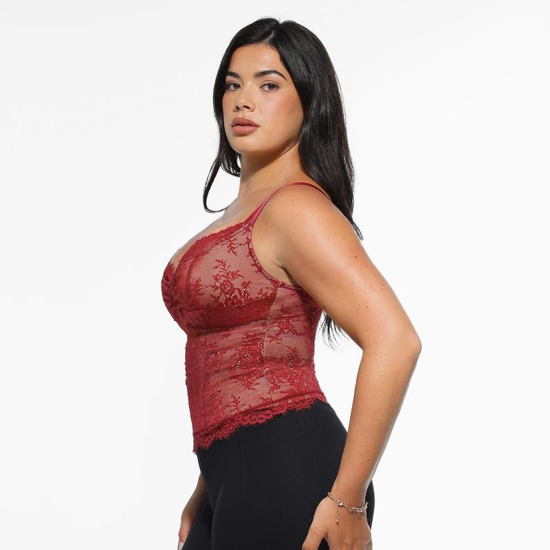 Popilush Sexy Lace Top - Deep U Neck Adjustable Straps for Women