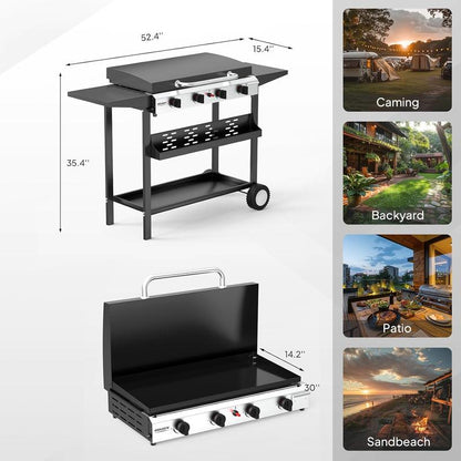 ROVSUN 2/4 Burner Portable Propane Griddle with Enameled Tray & Lid, 20000/40000 BTU Rolling Flat Top Gas Grill with Electronic Ignition, Side Shelves & Regulator for Outdoor Cooking Camping BBQ Tailgating