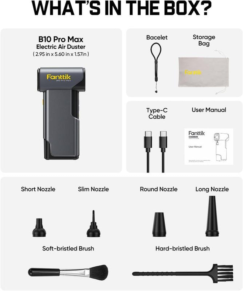 Fanttik B10 Pro Max 7.2V Electric Air Duster, Cordless Duster with 130000 RPM Brushless Motor, 6 Adjustable Levels, 28.8Wh Rechargeable Battery, Air Blower for Workbench, PC Fans and Outdoor