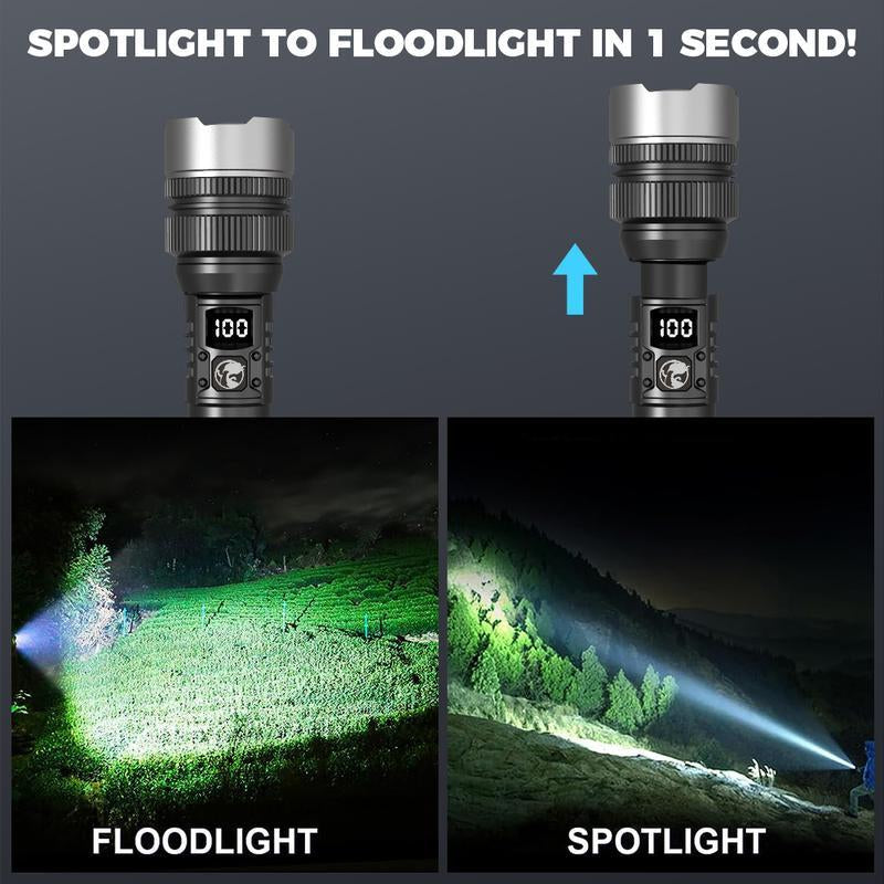 2-In-1 Strong Flashlight (Power Bank)，Digital Display of Power, Rechargeable，Zoomable, , X4Waterproof, Adjustable Brightness Flash Light for Outdoor, Emergency, Camping Accessories，Black