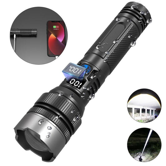 2-In-1 Strong Flashlight (Power Bank)，Digital Display of Power, Rechargeable，Zoomable, , X4Waterproof, Adjustable Brightness Flash Light for Outdoor, Emergency, Camping Accessories，Black