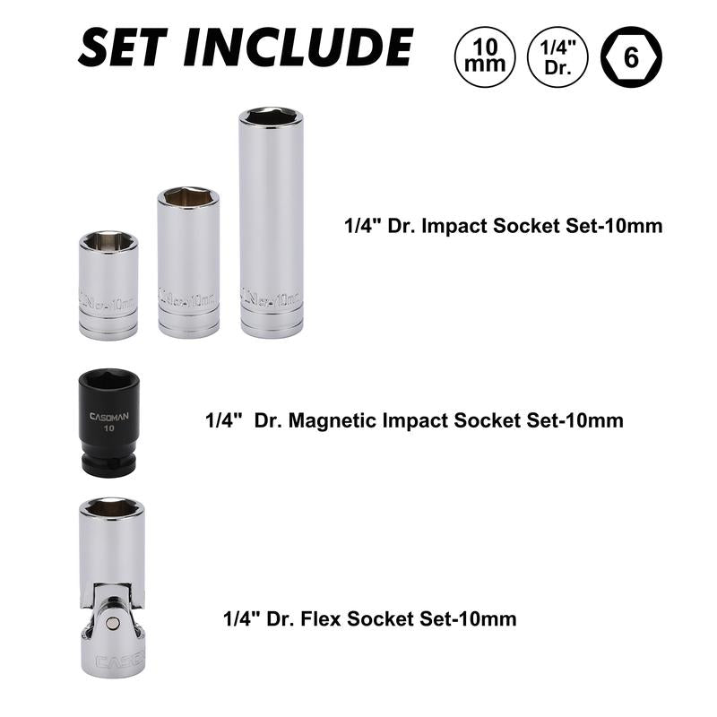 CASOMAN 10Pcs Impact Socket & Flex Socket Set, 1/4" & 3/8" Dr., 6-Point, 10Mm, Metric, Include Magnetic Impacet Socket, Storage Rail Wrench Hand Tools Heavy Duty Hardware, #Tiktokshopbacktoschool