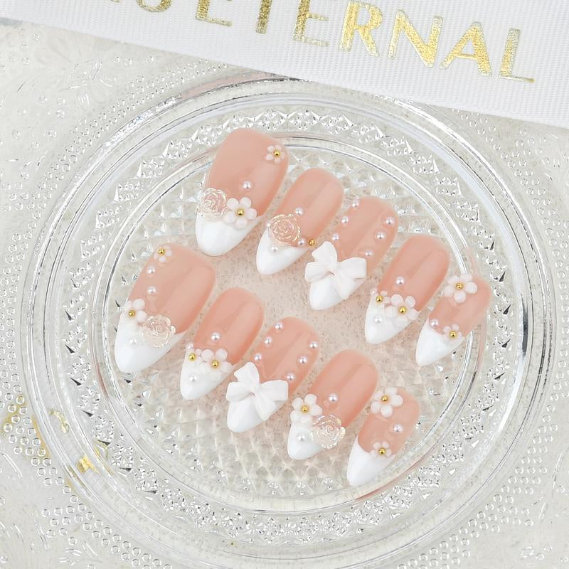 Acrylic Nails Handmade 3D Flower White French Reusable Press on Nails - Salon-Grade Custom Medium Length Fake Nails for Women