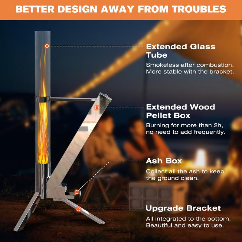 Wood Pellet Patio Heater Rocket, Outdoor Fire Pit Stove Fireplace with Glass Tube Chimney for Garden Backyard Camping Heating (Smokeless & Fireproof) Heavy Duty Firepit Decorative Exterior