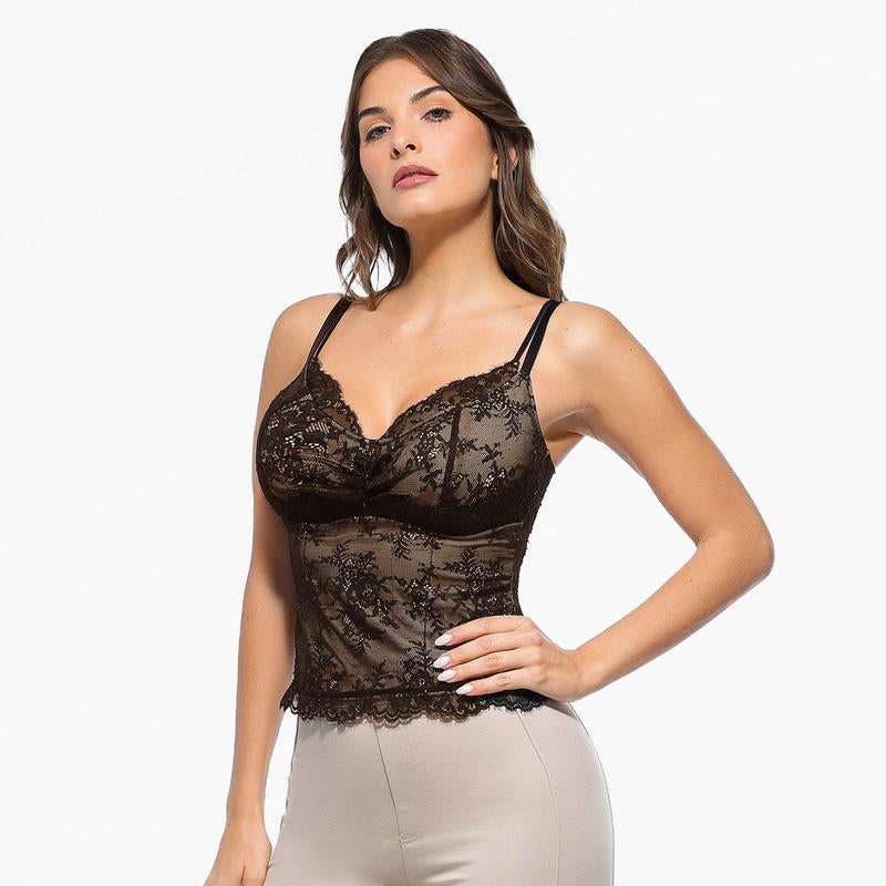 Popilush Sexy Lace Top - Deep U Neck Adjustable Straps for Women