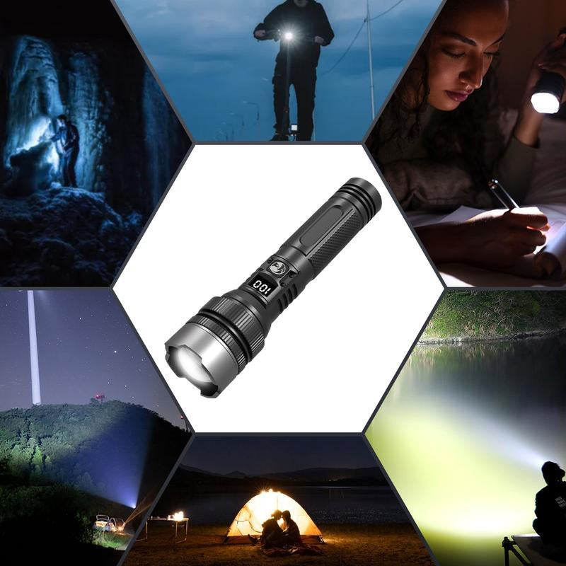 2-In-1 Strong Flashlight (Power Bank)，Digital Display of Power, Rechargeable，Zoomable, , X4Waterproof, Adjustable Brightness Flash Light for Outdoor, Emergency, Camping Accessories，Black