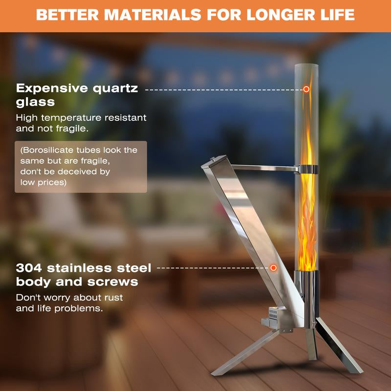 Wood Pellet Patio Heater Rocket, Outdoor Fire Pit Stove Fireplace with Glass Tube Chimney for Garden Backyard Camping Heating (Smokeless & Fireproof) Heavy Duty Firepit Decorative Exterior