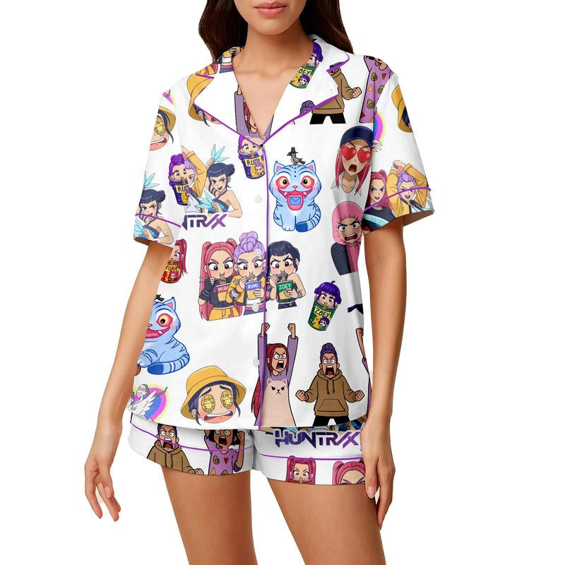 Huntrix Kpop Demon Hunters Satin Pajama Set – K-Pop Demon Hunter Sleepwear, Perfect Gift for Fans