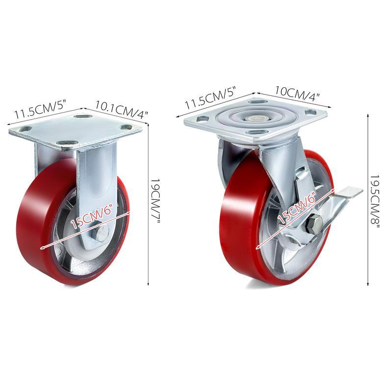 VEVOR 4 Pack Swivel Caster Polyurethane 6" X 2" on Steel Wheel Brake (2) Rigid (2)