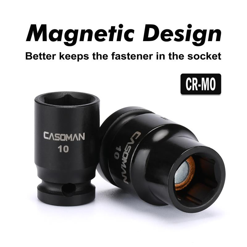 CASOMAN 10Pcs Impact Socket & Flex Socket Set, 1/4" & 3/8" Dr., 6-Point, 10Mm, Metric, Include Magnetic Impacet Socket, Storage Rail Wrench Hand Tools Heavy Duty Hardware, #Tiktokshopbacktoschool
