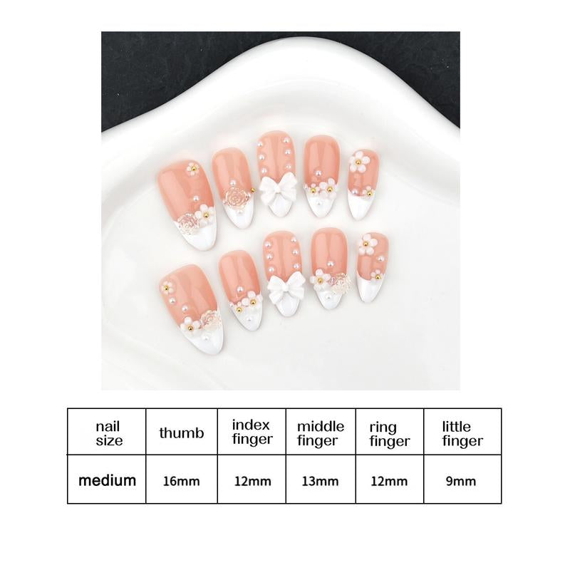 Acrylic Nails Handmade 3D Flower White French Reusable Press on Nails - Salon-Grade Custom Medium Length Fake Nails for Women