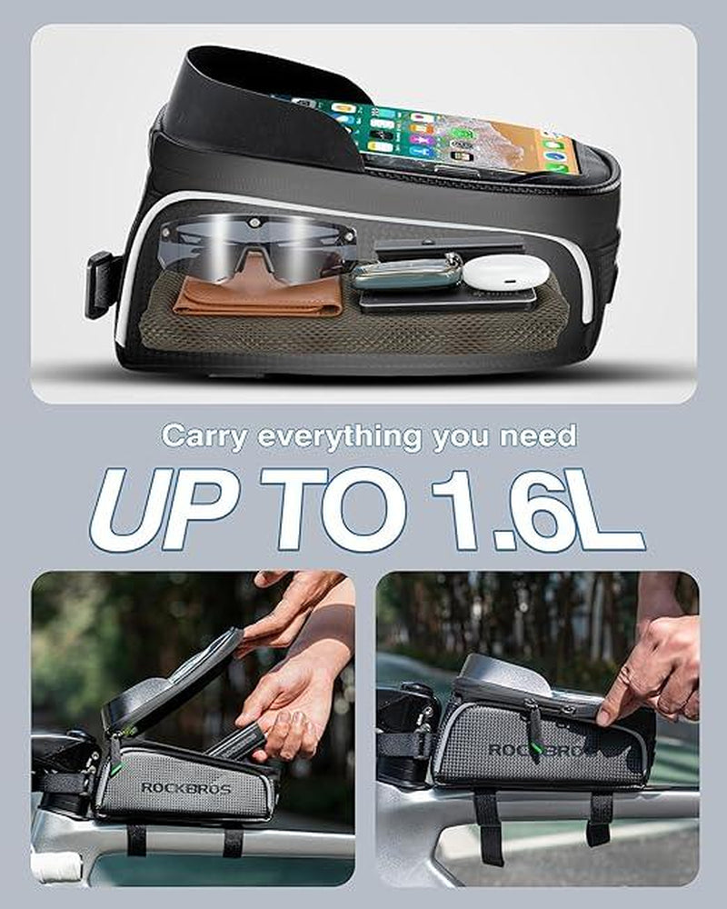 ROCKBROS Bike/Bicycle Phone Front Frame Bag, Waterproof, Tube Bag,Cycling Pouch, Bike Accessories for Men Compatible Phone under 6.5”