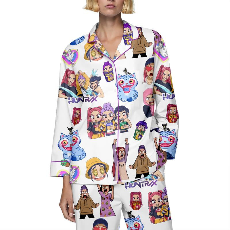 Huntrix Kpop Demon Hunters Satin Pajama Set – K-Pop Demon Hunter Sleepwear, Perfect Gift for Fans