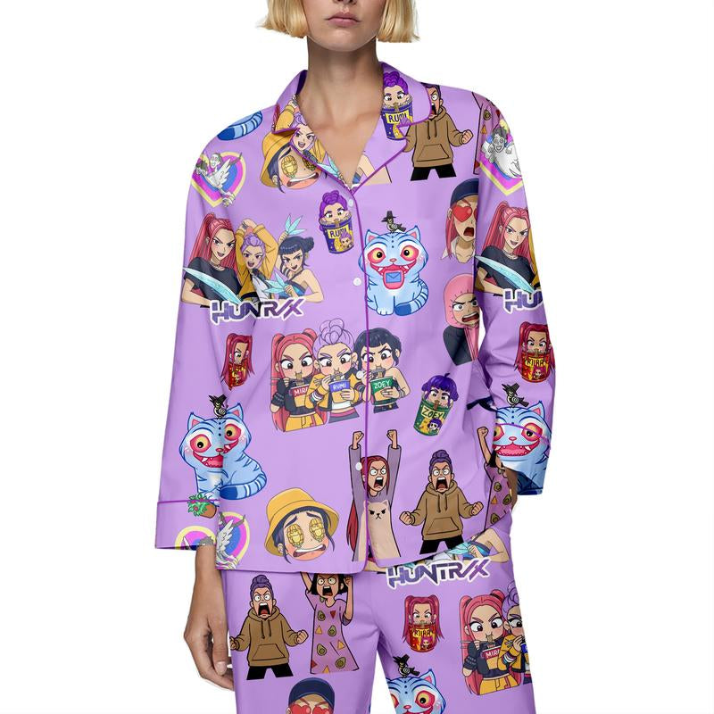 Huntrix Kpop Demon Hunters Satin Pajama Set – K-Pop Demon Hunter Sleepwear, Perfect Gift for Fans