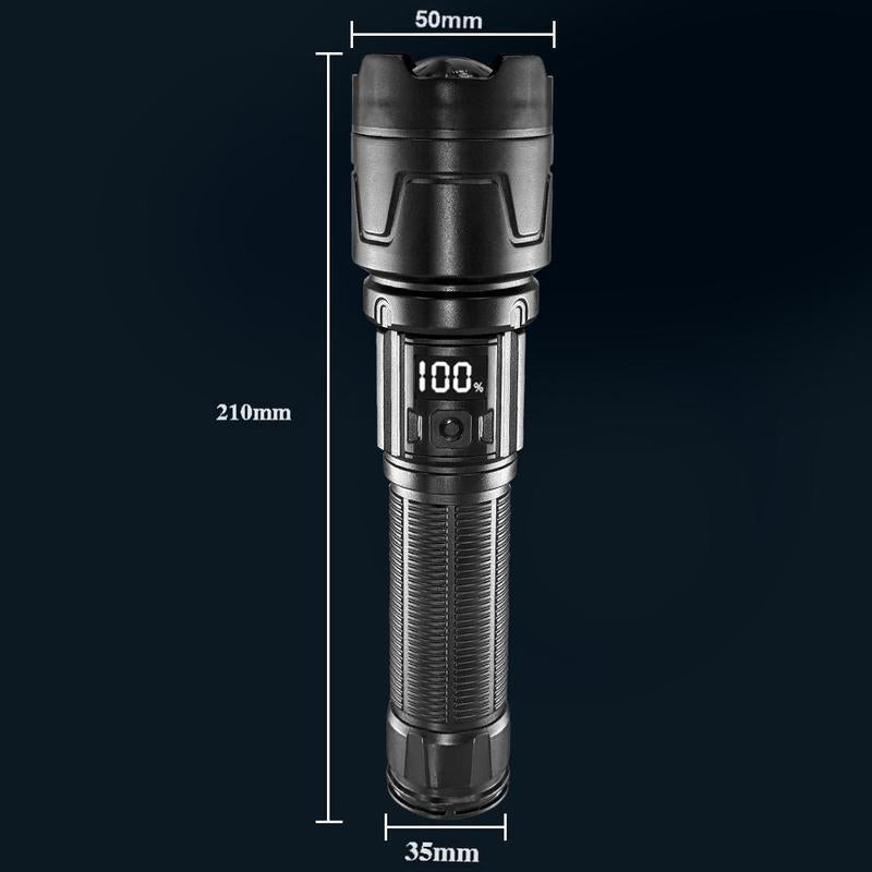 2-In-1 Strong Flashlight (Power Bank)，Digital Display of Power, Rechargeable，Zoomable, , X4Waterproof, Adjustable Brightness Flash Light for Outdoor, Emergency, Camping Accessories，Black
