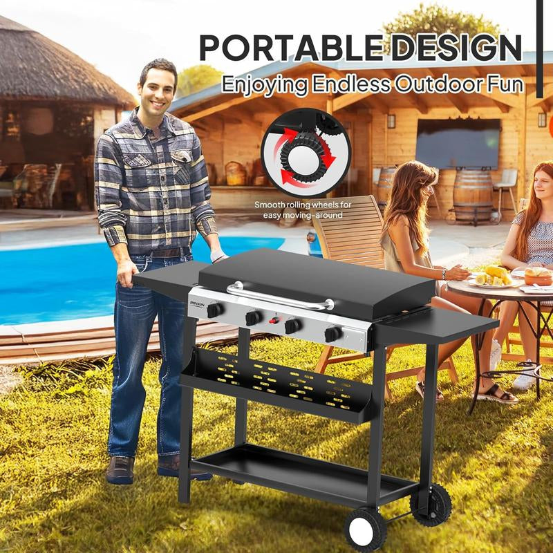 ROVSUN 2/4 Burner Portable Propane Griddle with Enameled Tray & Lid, 20000/40000 BTU Rolling Flat Top Gas Grill with Electronic Ignition, Side Shelves & Regulator for Outdoor Cooking Camping BBQ Tailgating