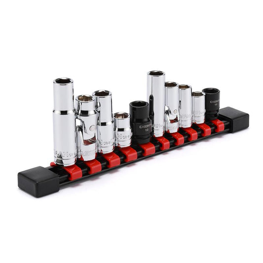 CASOMAN 10Pcs Impact Socket & Flex Socket Set, 1/4" & 3/8" Dr., 6-Point, 10Mm, Metric, Include Magnetic Impacet Socket, Storage Rail Wrench Hand Tools Heavy Duty Hardware, #Tiktokshopbacktoschool