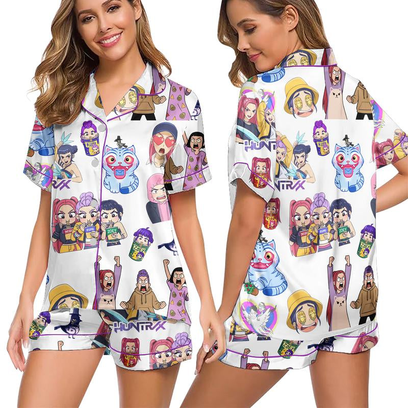 Huntrix Kpop Demon Hunters Satin Pajama Set – K-Pop Demon Hunter Sleepwear, Perfect Gift for Fans