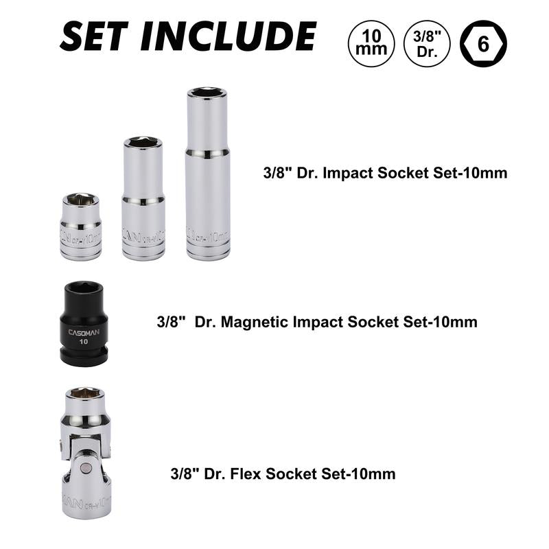 CASOMAN 10Pcs Impact Socket & Flex Socket Set, 1/4" & 3/8" Dr., 6-Point, 10Mm, Metric, Include Magnetic Impacet Socket, Storage Rail Wrench Hand Tools Heavy Duty Hardware, #Tiktokshopbacktoschool
