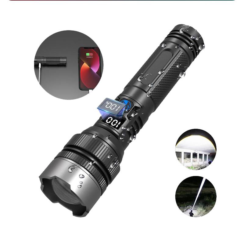 2-In-1 Strong Flashlight (Power Bank)，Digital Display of Power, Rechargeable，Zoomable, , X4Waterproof, Adjustable Brightness Flash Light for Outdoor, Emergency, Camping Accessories，Black