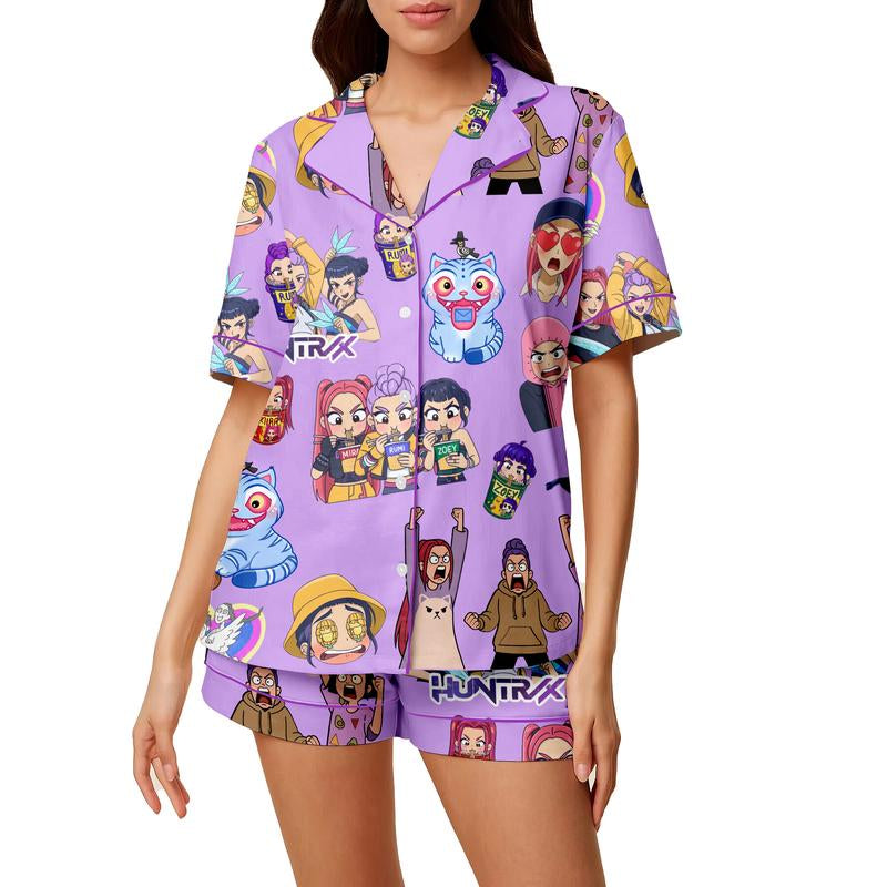 Huntrix Kpop Demon Hunters Satin Pajama Set – K-Pop Demon Hunter Sleepwear, Perfect Gift for Fans