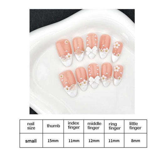 Acrylic Nails Handmade 3D Flower White French Reusable Press on Nails - Salon-Grade Custom Medium Length Fake Nails for Women