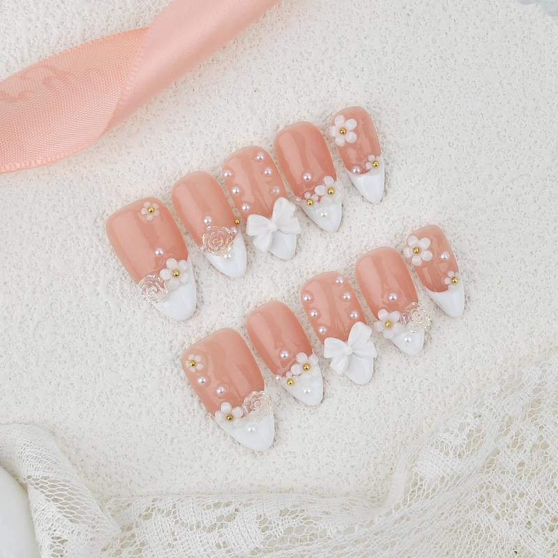Acrylic Nails Handmade 3D Flower White French Reusable Press on Nails - Salon-Grade Custom Medium Length Fake Nails for Women