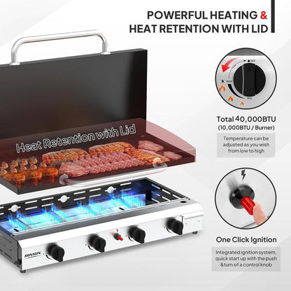 ROVSUN 2/4 Burner Portable Propane Griddle with Enameled Tray & Lid, 20000/40000 BTU Rolling Flat Top Gas Grill with Electronic Ignition, Side Shelves & Regulator for Outdoor Cooking Camping BBQ Tailgating
