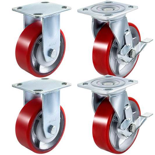 VEVOR 4 Pack Swivel Caster Polyurethane 6" X 2" on Steel Wheel Brake (2) Rigid (2)