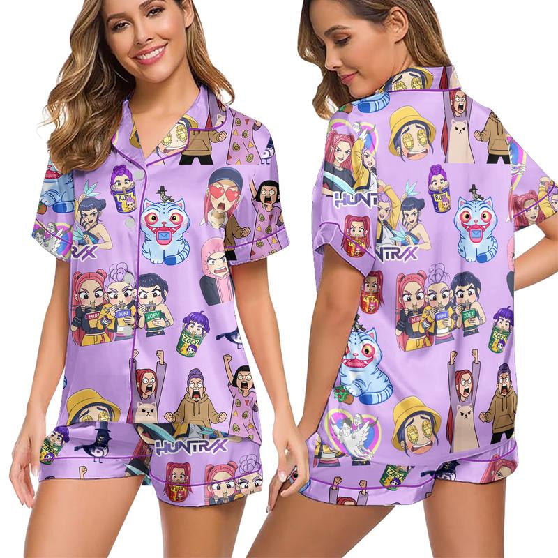 Huntrix Kpop Demon Hunters Satin Pajama Set – K-Pop Demon Hunter Sleepwear, Perfect Gift for Fans