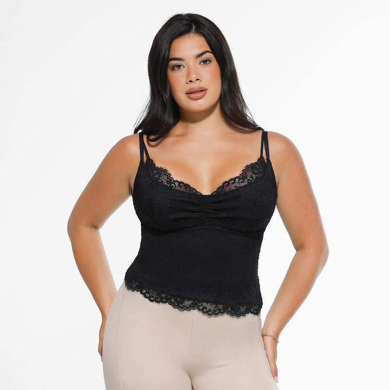 Popilush Sexy Lace Top - Deep U Neck Adjustable Straps for Women