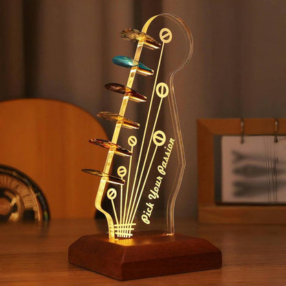 Pookie-Luminous Guitar Pick Stand Acrylic Electric Guitar Headstock Shaped Pick Stand with Wooden Base for Pick Storage and Display Is a Guitar Accessory Gift for Guitarists and Guitarists Acrylic Night Light,Christmas Gift New Year Gift