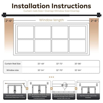 Inovaday No-Drill Curtain Rods for Windows - Adjustable 5/8" Tension Rod, Renter-Friendly Adhesive Brackets, Easy Install Black Drapery Pole