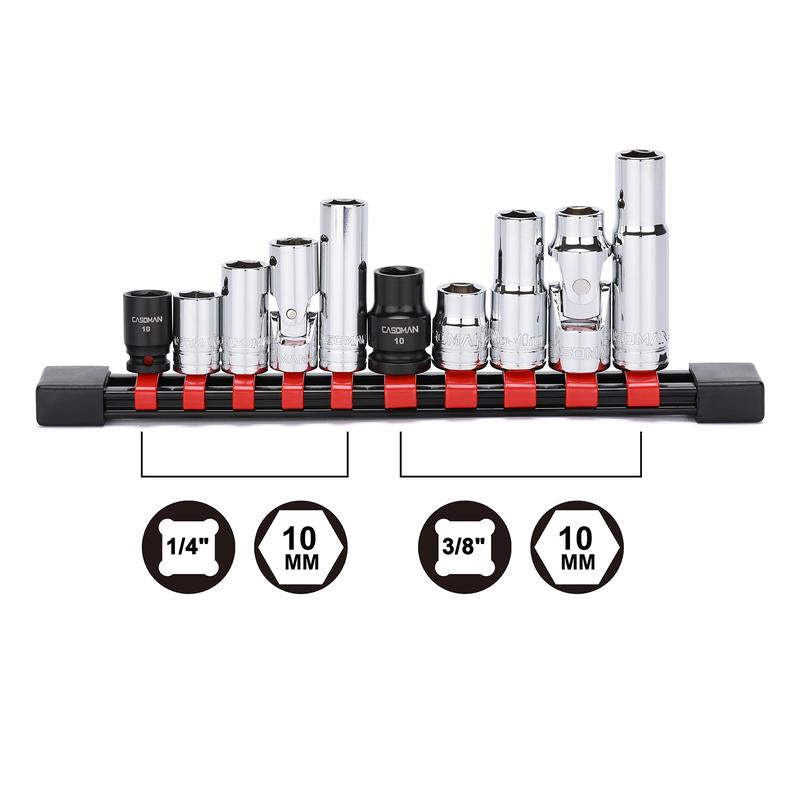 CASOMAN 10Pcs Impact Socket & Flex Socket Set, 1/4" & 3/8" Dr., 6-Point, 10Mm, Metric, Include Magnetic Impacet Socket, Storage Rail Wrench Hand Tools Heavy Duty Hardware, #Tiktokshopbacktoschool