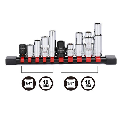 CASOMAN 10Pcs Impact Socket & Flex Socket Set, 1/4" & 3/8" Dr., 6-Point, 10Mm, Metric, Include Magnetic Impacet Socket, Storage Rail Wrench Hand Tools Heavy Duty Hardware, #Tiktokshopbacktoschool
