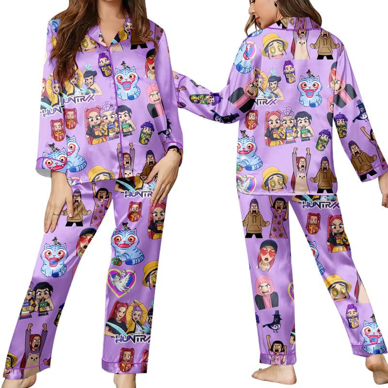 Huntrix Kpop Demon Hunters Satin Pajama Set – K-Pop Demon Hunter Sleepwear, Perfect Gift for Fans