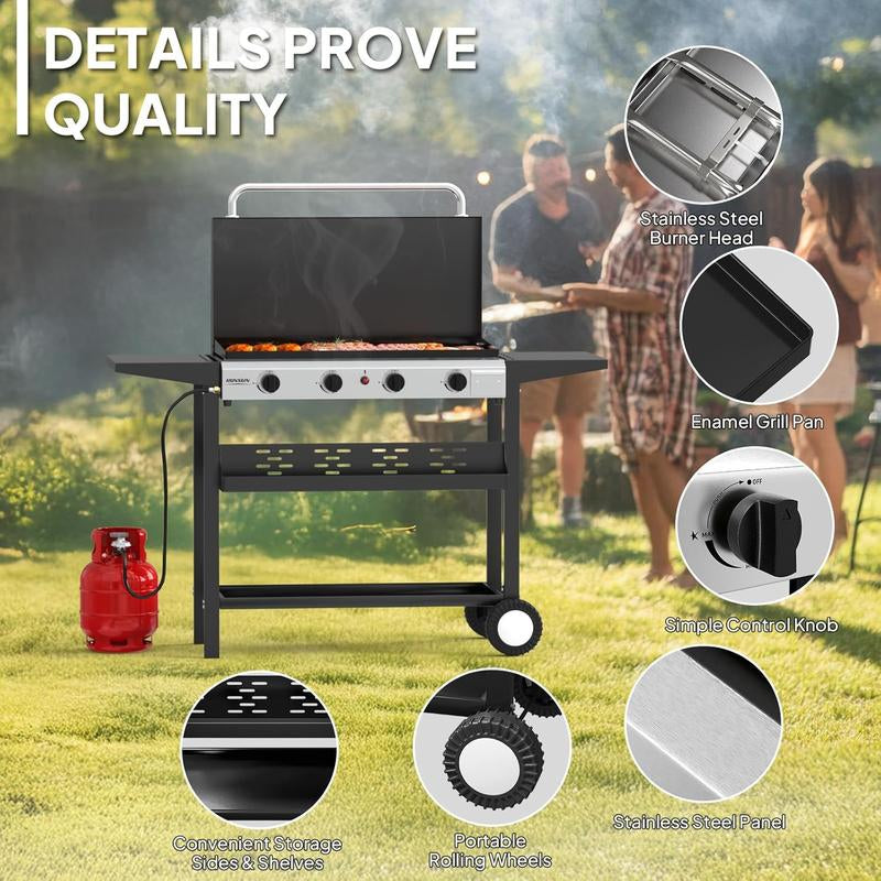 ROVSUN 2/4 Burner Portable Propane Griddle with Enameled Tray & Lid, 20000/40000 BTU Rolling Flat Top Gas Grill with Electronic Ignition, Side Shelves & Regulator for Outdoor Cooking Camping BBQ Tailgating