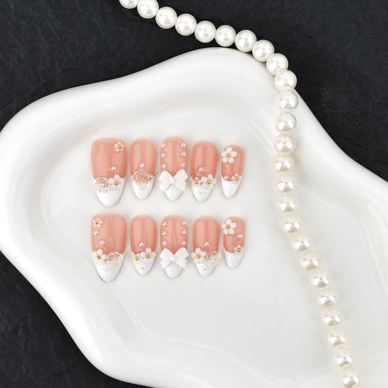 Acrylic Nails Handmade 3D Flower White French Reusable Press on Nails - Salon-Grade Custom Medium Length Fake Nails for Women