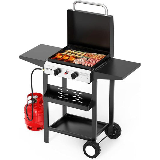 ROVSUN 2/4 Burner Portable Propane Griddle with Enameled Tray & Lid, 20000/40000 BTU Rolling Flat Top Gas Grill with Electronic Ignition, Side Shelves & Regulator for Outdoor Cooking Camping BBQ Tailgating