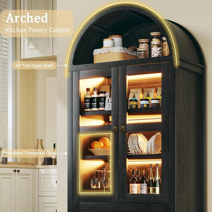 Farmhouse Arched Cabinet with Glass Doors, Wood Display Cabinet with Drawer and Adjustable Shelves, 71” Tall Bookshelf Modern China Storage Kitchen Pantry for Living Room,Office