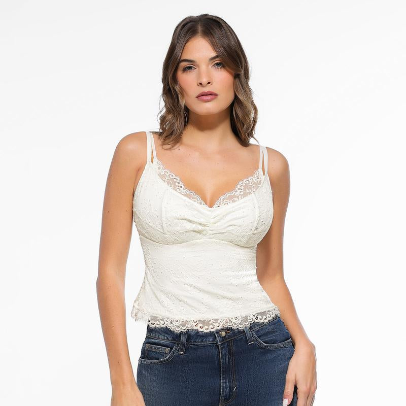Popilush Sexy Lace Top - Deep U Neck Adjustable Straps for Women