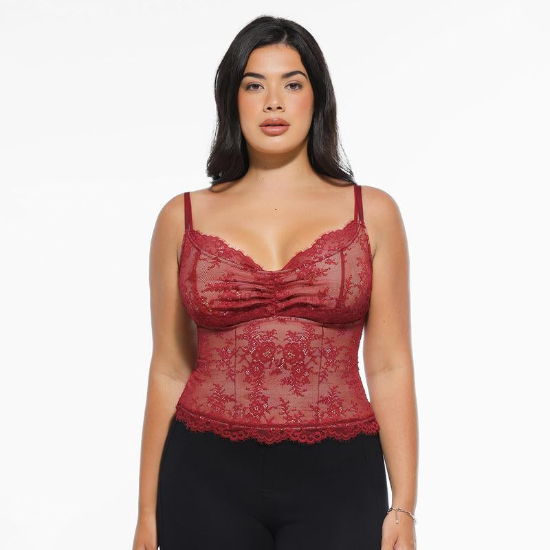 Popilush Sexy Lace Top - Deep U Neck Adjustable Straps for Women