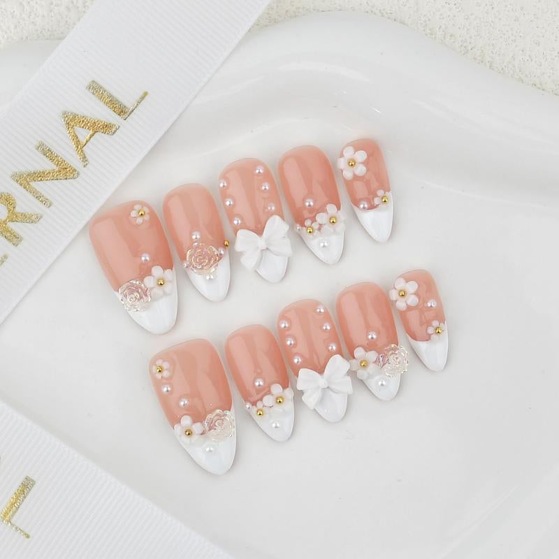 Acrylic Nails Handmade 3D Flower White French Reusable Press on Nails - Salon-Grade Custom Medium Length Fake Nails for Women